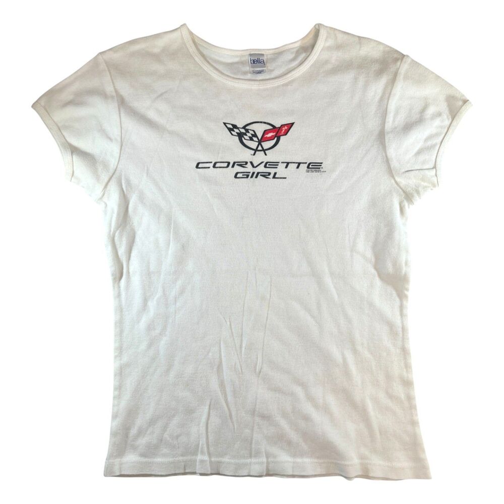 Corvette Girl Babydoll Graphic Tee Womens L White Y2K Car Show